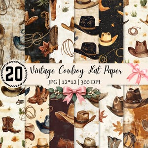 May include: A digital paper collection featuring 20 patterns with illustrations of cowboy hats, leather boots, and lassos. The designs include various brown, black, and cream textures. Text on the image reads: 20 Vintage Cowboy Hat Paper JPG | 12*12 | 300 DPI.
