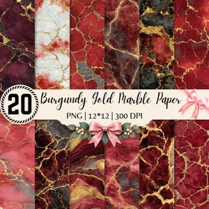 May include: A digital collection of 20 burgundy and gold marble paper textures in PNG format. The images feature various patterns of deep red, black, and white stone with intricate gold veining. The text reads 20 Burgundy Gold Marble Paper.