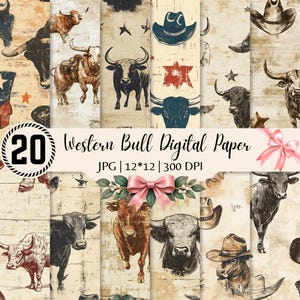 May include: A collection of 20 Western Bull digital paper designs featuring illustrations of bulls, cowboy hats, and stars on a textured beige background. The text reads 20 Western Bull Digital Paper, JPG, 12x12, 300 DPI, with a pink bow.