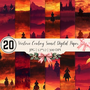 May include: A collection of 20 digital paper sheets featuring Western cowboy sunset scenes in shades of red and orange. The image includes text reading 20 Western Cowboy Sunset Digital Paper, JPG, 12*12, 300 DPI, and a pink ribbon graphic.