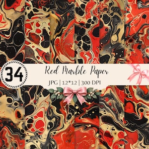 May include: A digital collection of 34 red marble paper patterns featuring swirling black, red, and gold liquid paint textures. The image includes the text 34 Red Marble Paper, JPG | 12*12 | 300 DPI, and is decorated with a pink ribbon and leaves.