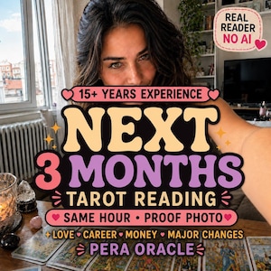 May include: A tarot reading service advertisement featuring text that reads 15+ YEARS EXPERIENCE NEXT 3 MONTHS TAROT READING SAME HOUR PROOF PHOTO LOVE CAREER MONEY MAJOR CHANGES PERA ORACLE and a badge stating REAL READER NO AI.