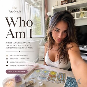 May include: A digital advertisement for PeraOracle featuring the text Who Am I, A Deep Soul Reading To Discover Your True Self, Your Purpose & Your Path. The image displays four tarot cards, a lit candle, a crystal, and an incense holder.