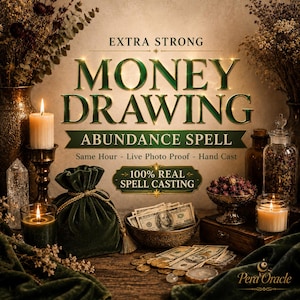 Puede incluir: Una presentación con el texto EXTRA STRONG MONEY DRAWING ABUNDANCE SPELL 100% REAL SPELL CASTING, rodeado por una bolsa de terciopelo verde, billetes de cien dólares en un cuenco, monedas de oro, velas encendidas, flores secas y un frasco.