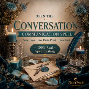 May include: A display featuring the text OPEN THE CONVERSATION COMMUNICATION SPELL, 100% Real Spell Casting, Same Hour - Live Photo Proof - Hand Cast. Includes blue candles, a quill, an inkwell, a sealed envelope, and dried lavender.