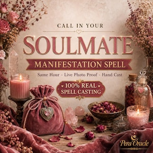 Puede incluir: Una bolsa de terciopelo en rosa empolvado con un colgante en forma de corazón, rodeada de velas rosas, flores secas y un cuenco con pétalos de rosa. El texto dice: CALL IN YOUR SOULMATE MANIFESTATION SPELL, Same Hour - Live Photo Proof - Hand Cast, 100% REAL SPELL CASTING, Pera Oracle.