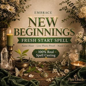 Puede incluir: Un gráfico digital con el texto EMBRACE NEW BEGINNINGS FRESH START SPELL 100% Real Spell Casting. La escena incluye una vela de pilar verde, una pequeña planta en maceta, cristales transparentes, una mariposa dorada y un colgante dorado sobre una tela verde oscuro.
