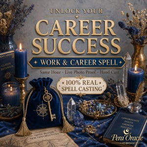 Peut inclure: Une pochette à cordon en velours bleu foncé avec un motif de boussole dorée et une clé en métal, entourée de bougies bleues, cristaux, fleurs séchées et un livre Pera Oracle, avec le texte Unlock Your Career Success Work & Career Spell.