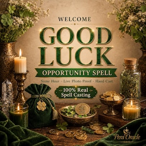 Puede incluir: Una presentación con el texto WELCOME GOOD LUCK OPPORTUNITY SPELL, Same Hour - Live Photo Proof - Hand Cast, y 100% Real Spell Casting. Incluye una bolsa de terciopelo verde con un dije de trébol, monedas de oro, velas y hierbas verdes.