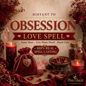 May include: A dark red velvet drawstring pouch with a heart-shaped charm, a red pillar candle, a bowl of dried rose petals, and a glass bottle. The text reads: DISTANT TO OBSESSION LOVE SPELL, Same Hour - Live Photo Proof - Hand Cast, 100% REAL SPELL CASTING.