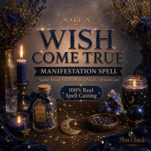 May include: A collection of items for a manifestation spell including a blue candle in a brass holder, a glass jar with a cork stopper and blue contents, a crescent moon pendant, a small bowl of blue petals, and a blue candle in a glass jar.