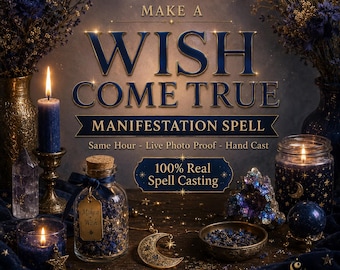 May include: A collection of items for a manifestation spell including a blue candle in a brass holder, a glass jar with a cork stopper and blue contents, a crescent moon pendant, a small bowl of blue petals, and a blue candle in a glass jar.