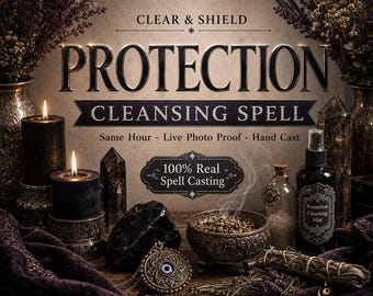 May include: A display featuring the text CLEAR & SHIELD PROTECTION CLEANSING SPELL, 100% Real Spell Casting, and Pera Oracle. Items include two black candles, a metal bowl with herbs, a spray bottle, a pendant with an evil eye, and crystals.