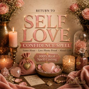 May include: A display featuring the text RETURN TO SELF LOVE CONFIDENCE SPELL, 100% Real Spell Casting, Same Hour - Live Photo Proof - Hand Cast. Includes a pink velvet pouch with a heart charm, a rose quartz heart in a bowl, candles, and a note.