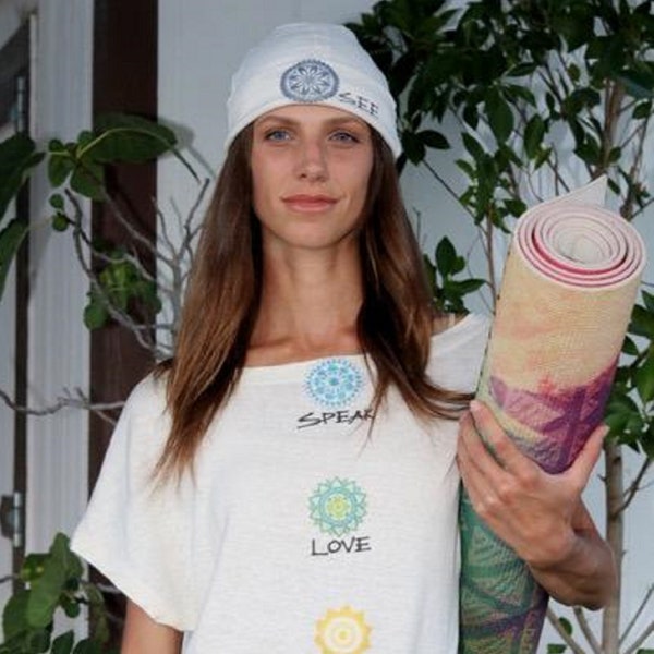 Kundalini awakening Crystalwear 2 pc Set - eco-conscious Hemp Tunic & Cap with Reiki-Attuned Crystals over the chakras (Lotus Mandala print)