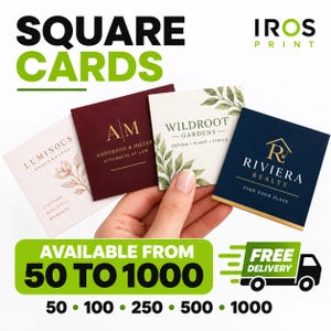 Puede incluir: Cuatro tarjetas de visita cuadradas con varios diseños: una tarjeta rosa claro para Luminous Photography, una tarjeta roja oscura para Anderson & Miller, una tarjeta blanca con hojas verdes para Wildroot Gardens y una tarjeta azul oscuro para Riviera Realty.