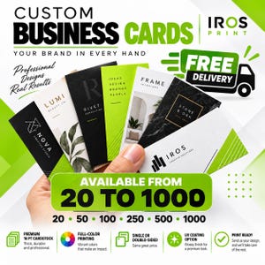 Puede incluir: Una colección de tarjetas de visita rectangulares con varios diseños, incluyendo esquemas de color negro, blanco y verde lima con logotipos de marcas como Nova, Lumi, Rivet, Frame y Stone & Oak. El texto incluye Custom Business Cards e Iros Print.