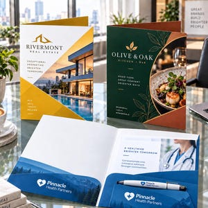 May include: Two standing presentation folders featuring Rivermont Real Estate and Olive & Oak branding, alongside an open blue Pinnacle Health Partners folder containing a white branded pen, all displayed on a glass surface with professional graphics.