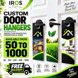 May include: Three rectangular door hangers with black and white tops, featuring green house and leaf icons. The hangers display photographic prints of a modern house, a green lawn, and a living room interior, hanging from black door handles.