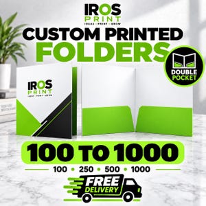 May include: Custom printed folders featuring the IROS PRINT logo, IDEAS PRINT GROW text, and a double pocket design. The folders are white with lime green and black geometric accents. The text 100 TO 1000 and 100, 250, 500, 1000 are visible.