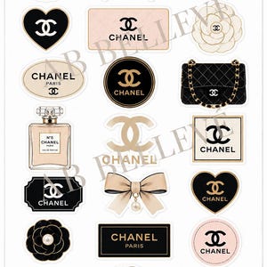 May include: A sticker sheet featuring various Chanel-themed designs including black and beige bows, camellia flowers, perfume bottles, quilted handbags, and heart-shaped logos. Each sticker displays the Chanel brand name and iconic interlocking CC logo.