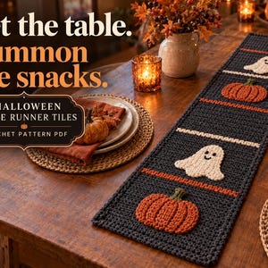 Halloween Table Runner Crochet Pattern PDF, Pumpkin and Ghost Panel Decor