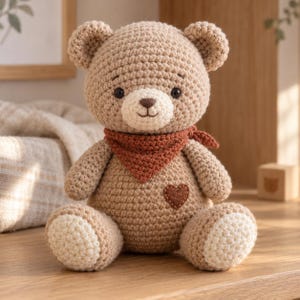 May include: A beige crocheted teddy bear featuring a round head, small ears, and a cream-colored muzzle with a dark brown stitched nose and mouth. The bear wears a rust-colored triangular bandana around its neck and has a small brown heart patch.