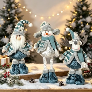 Retractable-legged Christmas plush toys, standing gnomes, snowmen, and reindeer, blue-green knitted holiday table decorations
