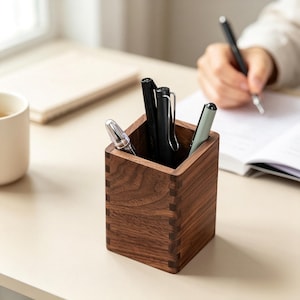 May include: A square wooden pen holder featuring visible finger joint construction on the corners. The dark brown wood grain is clearly displayed. Several pens are stored inside the container, including black and silver writing instruments.