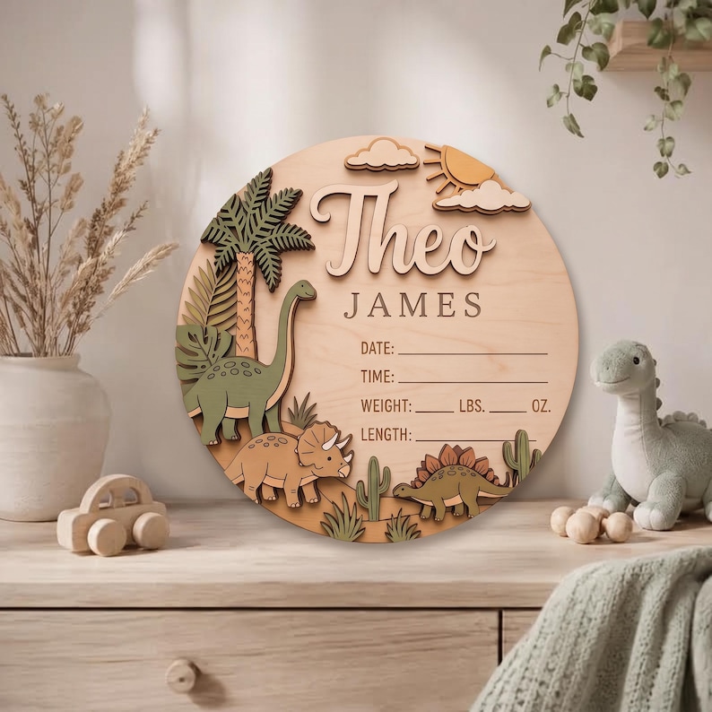 Personalized Dinosaur Baby Name Sign, Custom Wooden Birth Stats Plaque ...