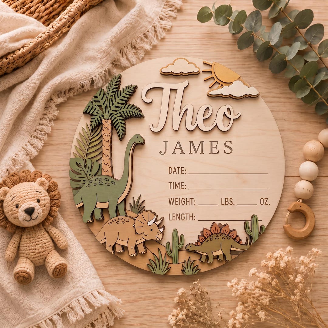 Personalized Dinosaur Baby Name Sign, Custom Wooden Birth Stats Plaque ...
