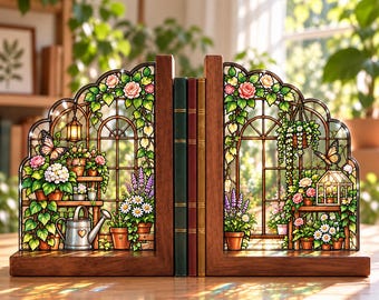 Stained Glass Acrylic Bookends, Floral Garden Book Ends, Botanical Window Book Holder, Cottagecore Bookshelf Decor, Unique Book Lover Gift