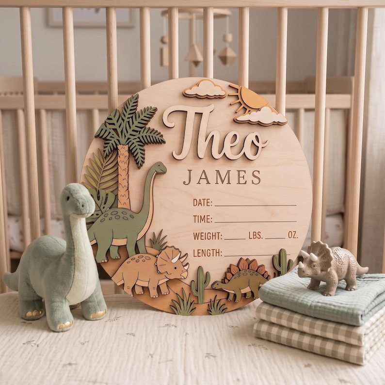 Personalized Dinosaur Baby Name Sign, Custom Wooden Birth Stats Plaque ...