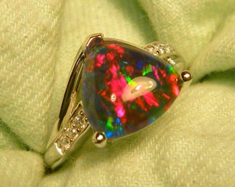 Womens Opal Ring Ladies Sterling Silver 925 & CZ, 10 x 10mm Trillion Triplet. item 190638.