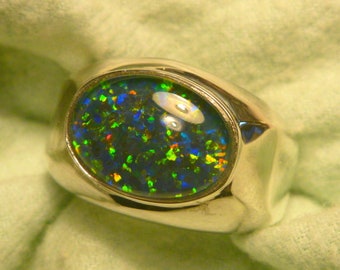 Mens Opal Ring Sterling Silver Natural Opal Triplet. 14x10mm Oval item 190186.