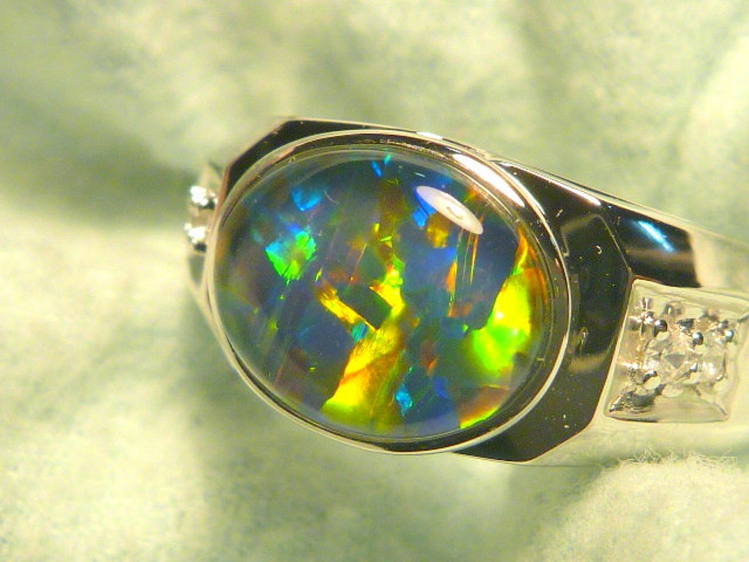 Mens Opal Ring Sterling Silver, Natural Opal Triplet. 10x8mm Oval
