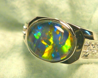 Mens Opal Ring Sterling Silver, Natural Opal Triplet. 10x8mm Oval . item 150775.