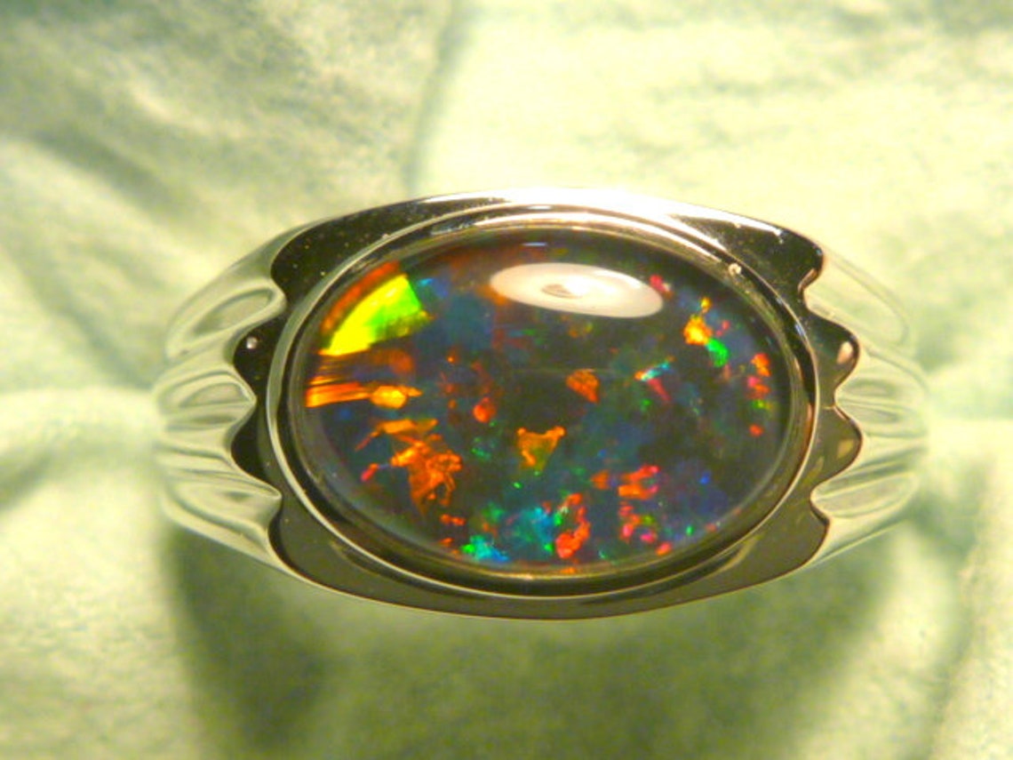 Mens Opal Ring 14ct White Gold Natural Opal Triplet 13x9 mm Etsy
