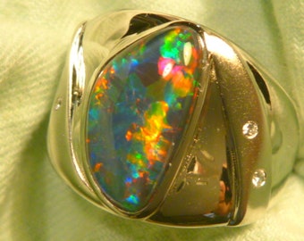Mens Opal Ring Sterling Silver, Natural Opal Triplet 18x10 mm F/Form item 190304.