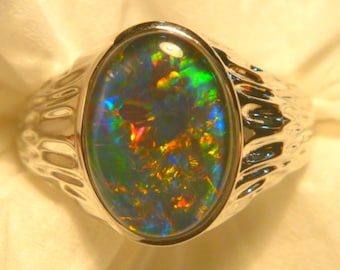 Mens Opal Ring Sterling Silver Natural Opal Triplet 14x10mm Oval . item 180981.