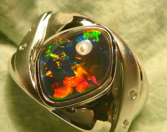 Mens Opal Ring Sterling Silver, Natural Opal Triplet 14x11 mm F/Form item 170655.