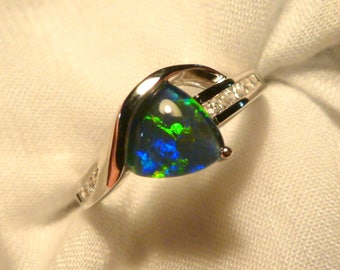 Womens Opal Ring Ladies Sterling Silver 925 & CZ, 8x 8mm Trillion Triplet. item 070319.