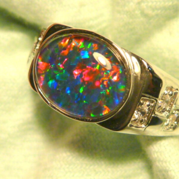 Mens Opal Ring Sterling Silver, Natural Opal Triplet. 10x8mm Oval . item 130848