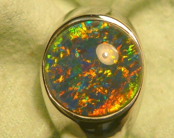 Mens Opal Ring Sterling Silver, Natural Opal Triplet. 12mm Round . item 190729.