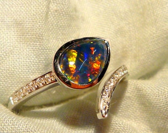 Womens Opal Ring Ladies Sterling Silver 925 & CZ, 9x6mm Teardrop Triplet. item 100923.