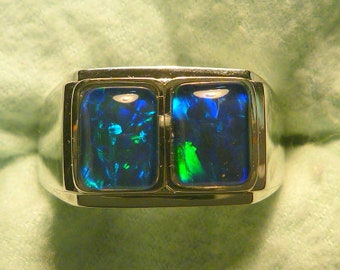 Mens Opal Ring SS (925) Natural Opal Triplet 2 x 8 x 6mm Rectangles . item 160640.