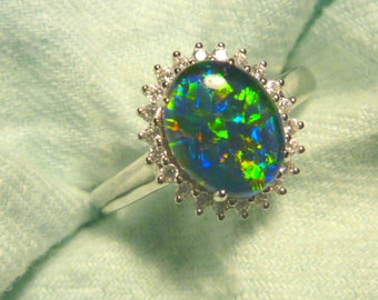 Womens Opal Ring Ladies Sterling Silver 925 & CZ, 10x8 mm Oval Shape Triplet. item 150439.