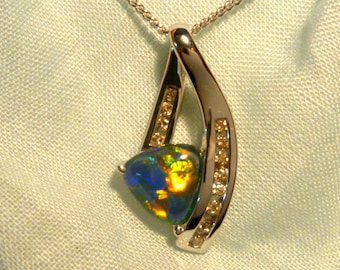 Opal & Diamond 14ct White Gold Pendant 8mm x 8mm Trillion Shape Triplet Opal. item 60801.