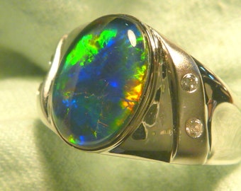 Mens Opal Ring Sterling Silver, Natural Opal Triplet. 14x10mm Oval . item 170030.