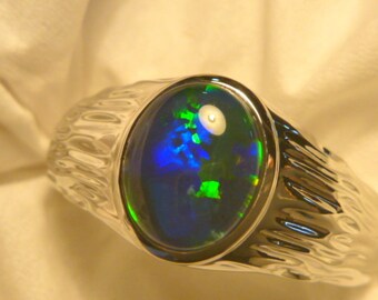 Mens Opal Ring Sterling Silver, Natural Opal Triplet. 10x8mm Oval  item 180940.